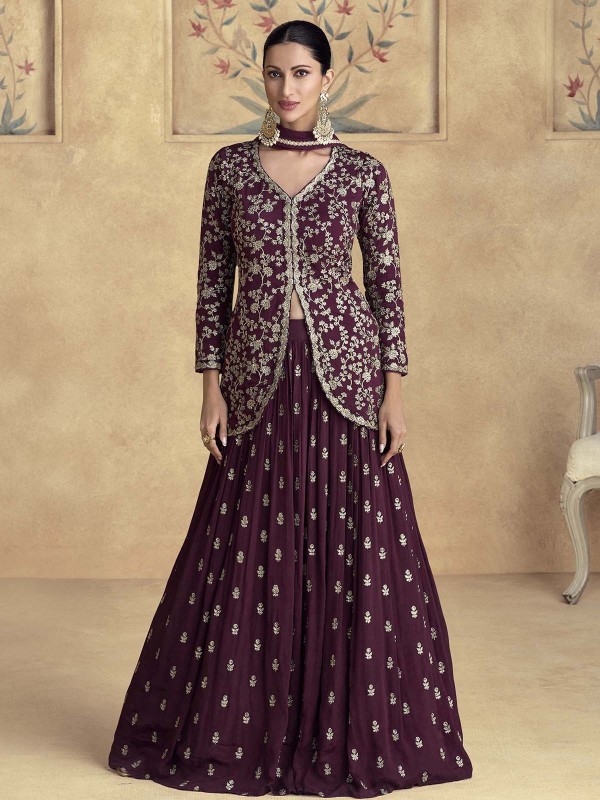 Dark Plum Premium Chinon Silk Lehenga Suit